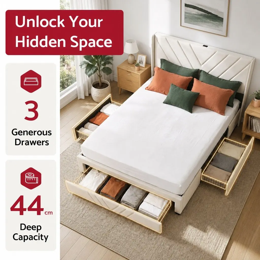 King Bed Frame Beige King Size Upholstered Headboard with Charging Station and Storage Drawers