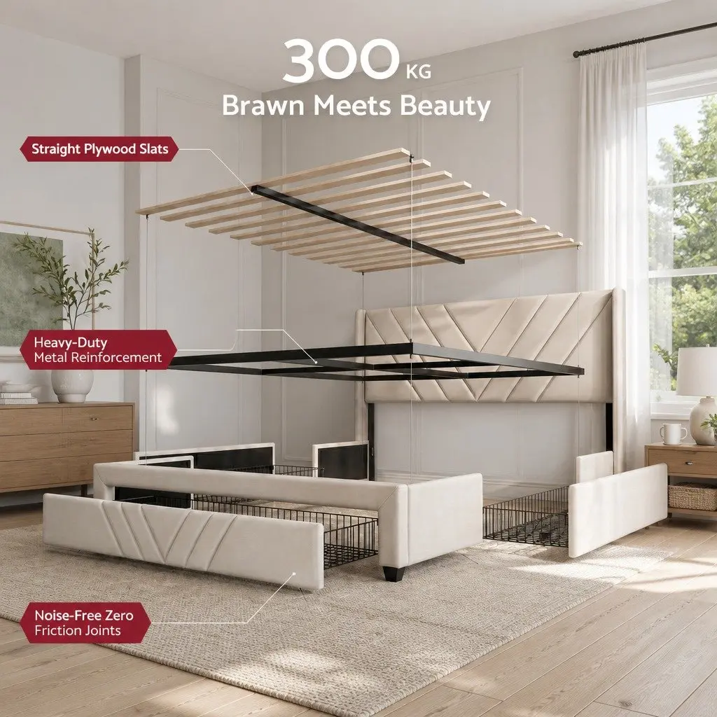 King Bed Frame Beige King Size Upholstered Headboard with Charging Station and Storage Drawers