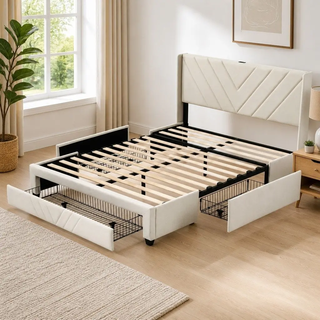 Queen Bed Frame Beige 300KG Capacity Integrated Charging Station Storage Drawers