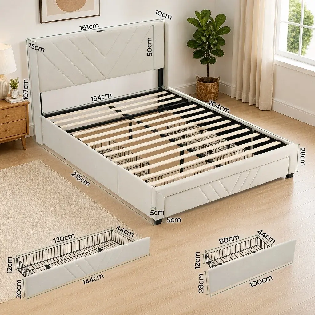 Queen Bed Frame Beige 300KG Capacity Integrated Charging Station Storage Drawers