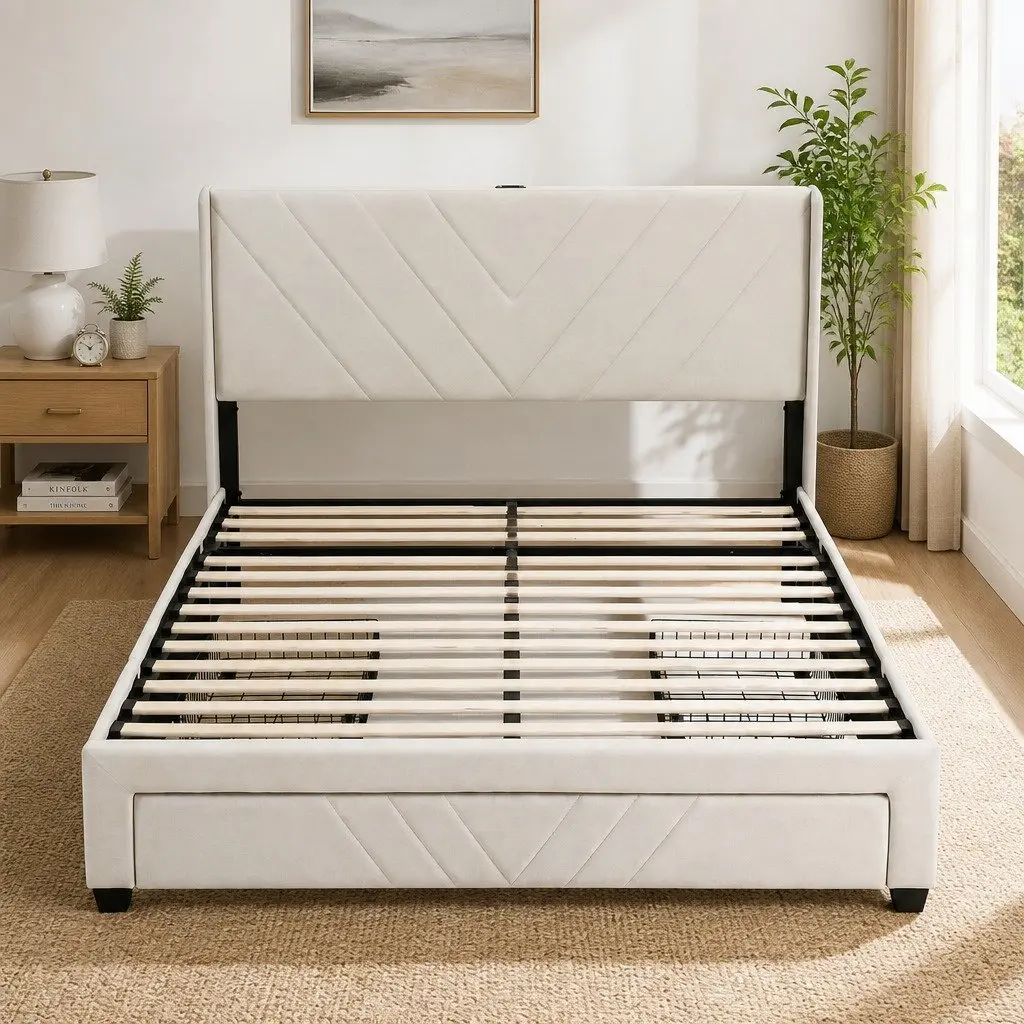Queen Bed Frame Beige 300KG Capacity Integrated Charging Station Storage Drawers