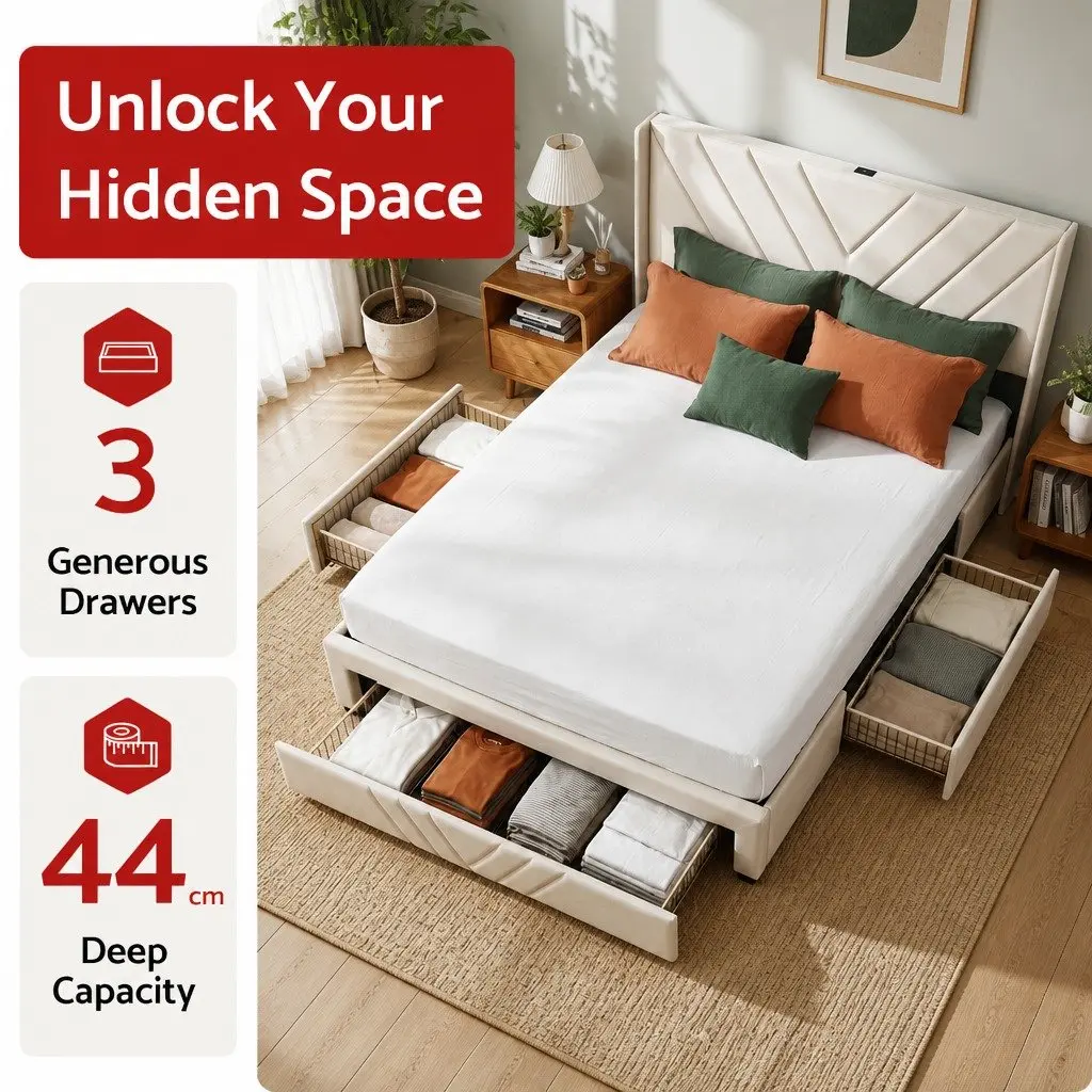 Queen Bed Frame Beige 300KG Capacity Integrated Charging Station Storage Drawers