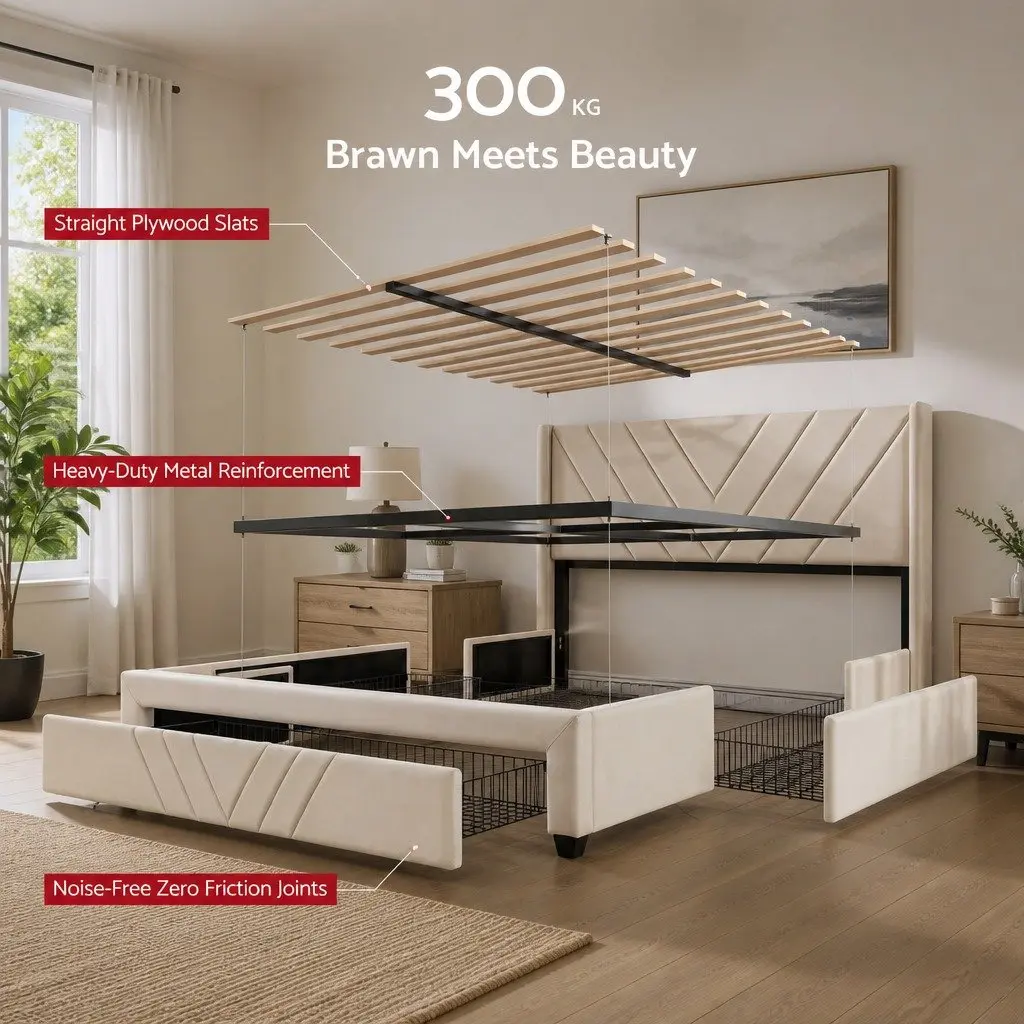 Queen Bed Frame Beige 300KG Capacity Integrated Charging Station Storage Drawers