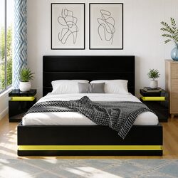 Queen Bed Frame with 2 LED Bedside Tables RGB 16 Colour Mood Lighting Storage