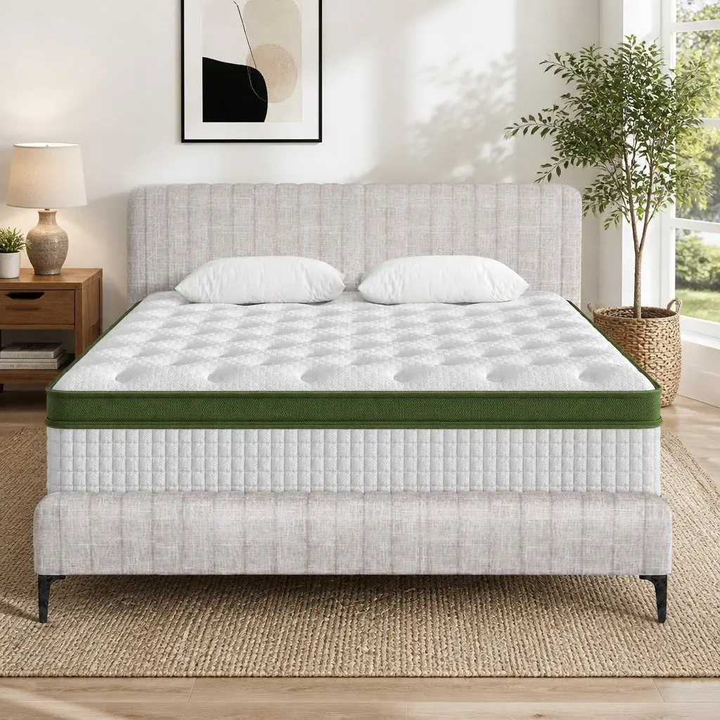Queen Bed Frame Upholstered Linen with Mattress Set Pocket Coil Medium Firm