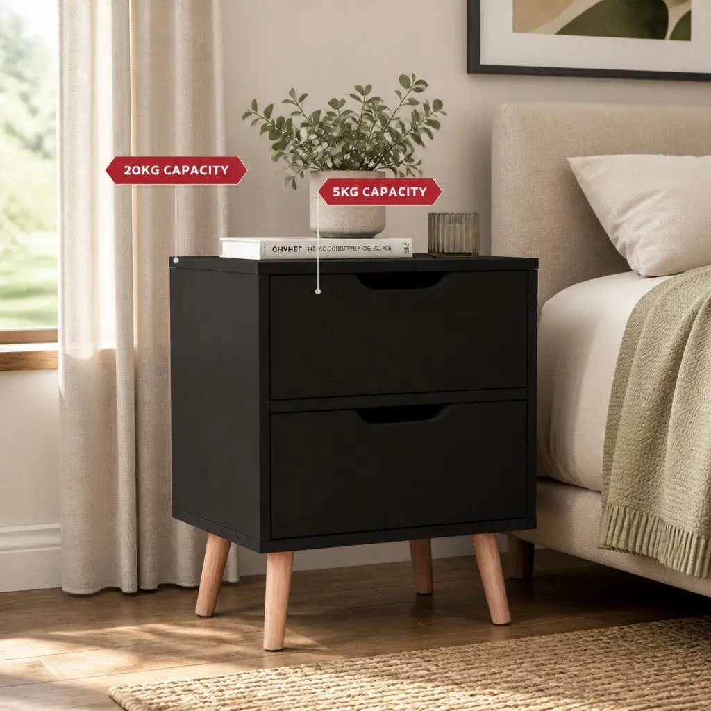 Double Bed Frame Beige with Bedside Table Set Black Padded Headboard Wooden Slats