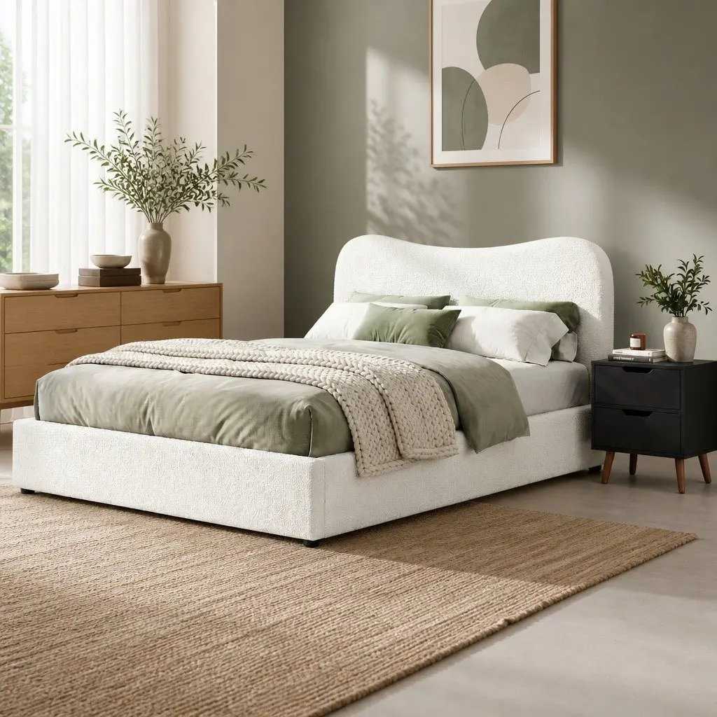 Double Bed Frame Beige with Bedside Table Set Black Padded Headboard Wooden Slats