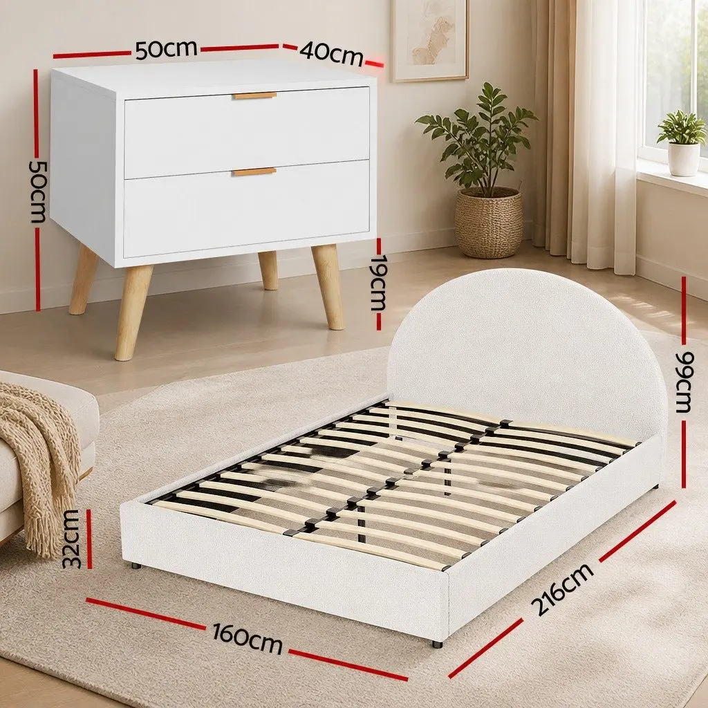Queen Bed Frame Beige Gas Lift Storage Boucle Upholstered with Bedside Table