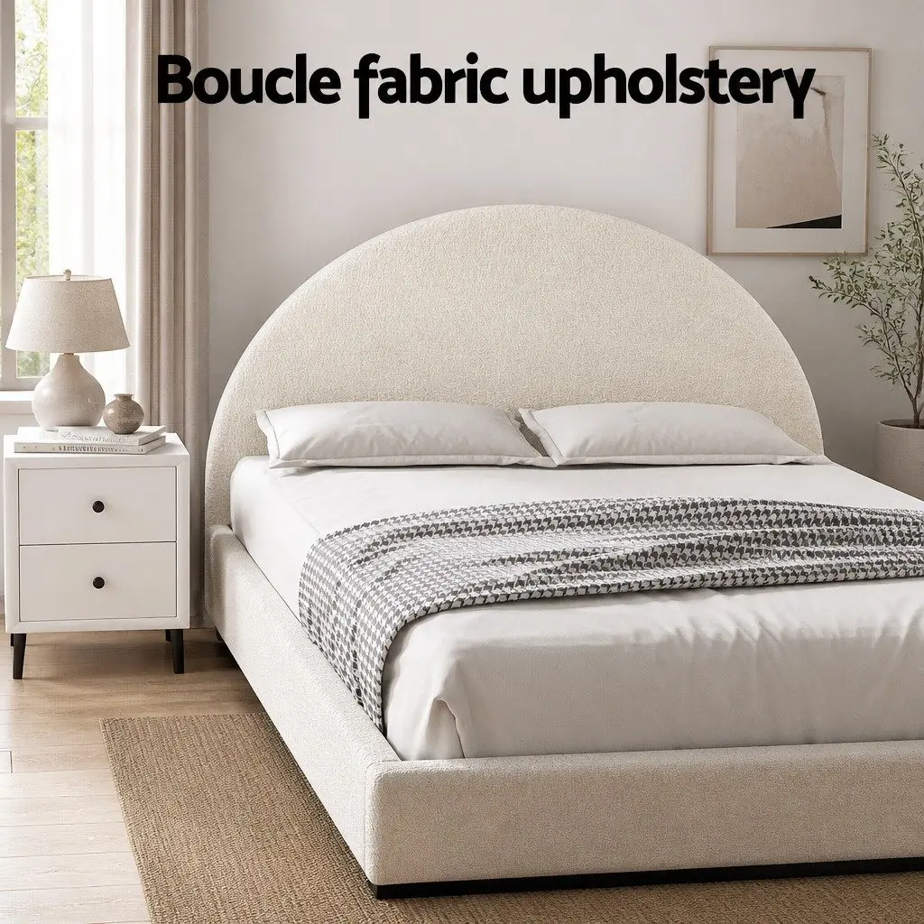 Queen Bed Frame Beige Gas Lift Storage Boucle Upholstered with Bedside Table