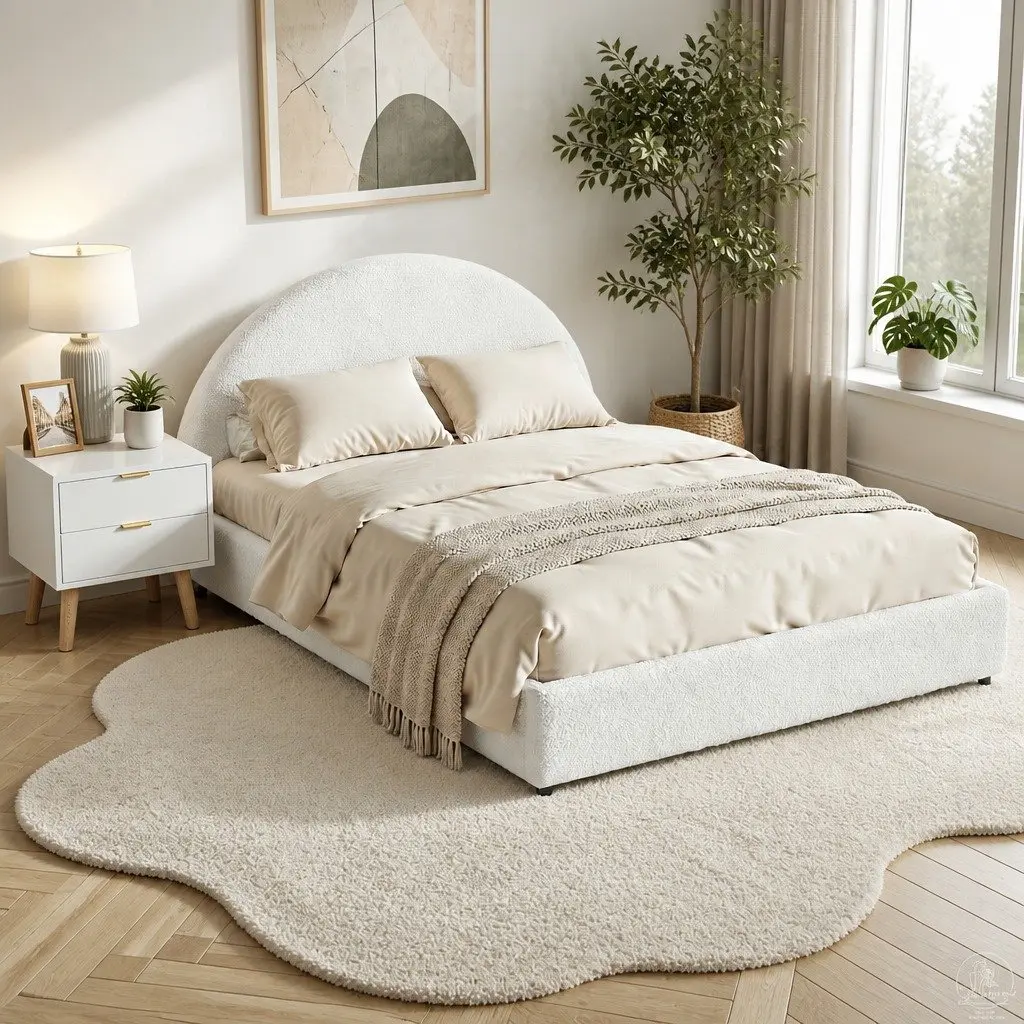 Queen Bed Frame Beige Gas Lift Storage Boucle Upholstered with Bedside Table