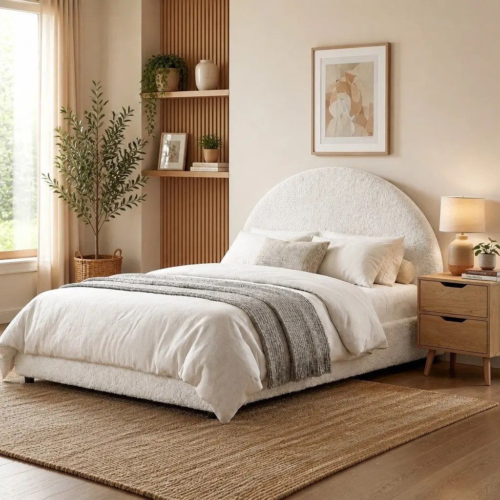 Queen Gas Lift Storage Bed Frame Beige with Matching Bedside Table Boucle Upholstered 216cm L x 160cm W x 99cm H Rounded Safety Edges