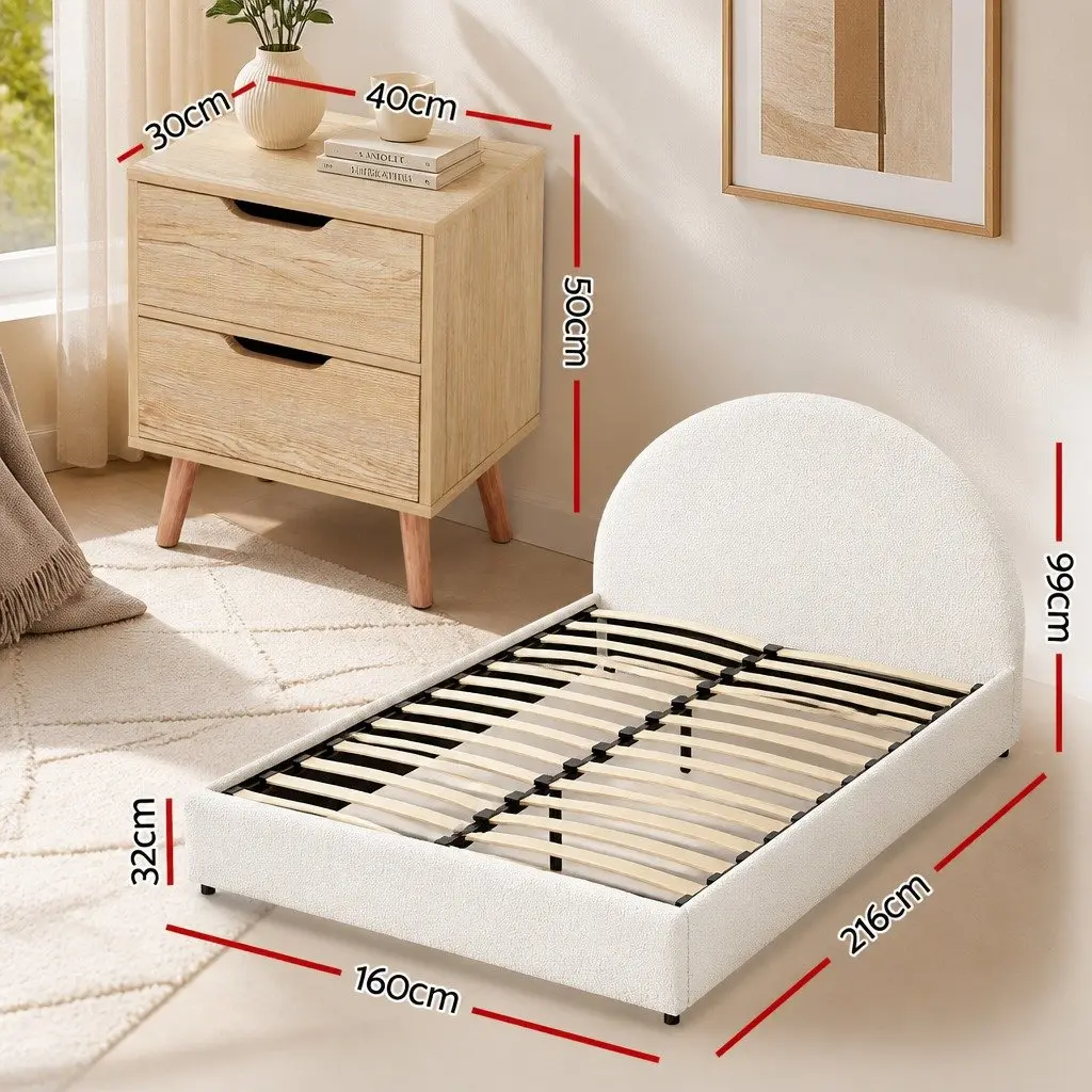 Queen Gas Lift Storage Bed Frame Beige with Matching Bedside Table Boucle Upholstered 216cm L x 160cm W x 99cm H Rounded Safety Edges