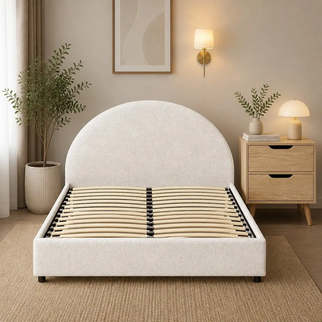 Queen Gas Lift Storage Bed Frame Beige with Matching Bedside Table Boucle Upholstered 216cm L x 160cm W x 99cm H Rounded Safety Edges