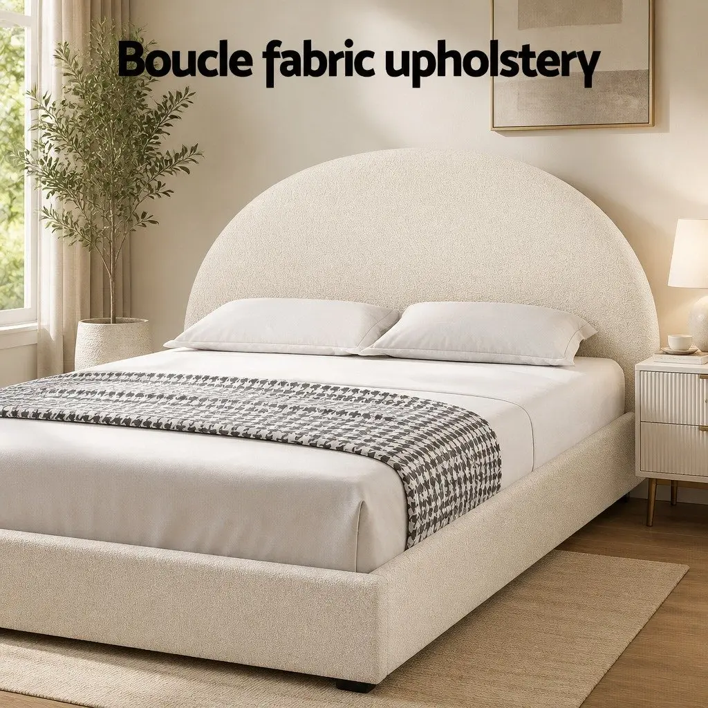 Queen Gas Lift Storage Bed Frame Beige with Matching Bedside Table Boucle Upholstered 216cm L x 160cm W x 99cm H Rounded Safety Edges