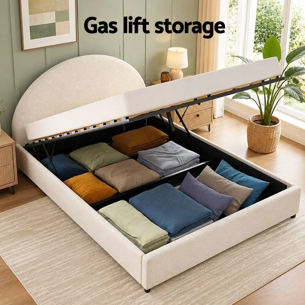 Queen Gas Lift Storage Bed Frame Beige with Matching Bedside Table Boucle Upholstered 216cm L x 160cm W x 99cm H Rounded Safety Edges