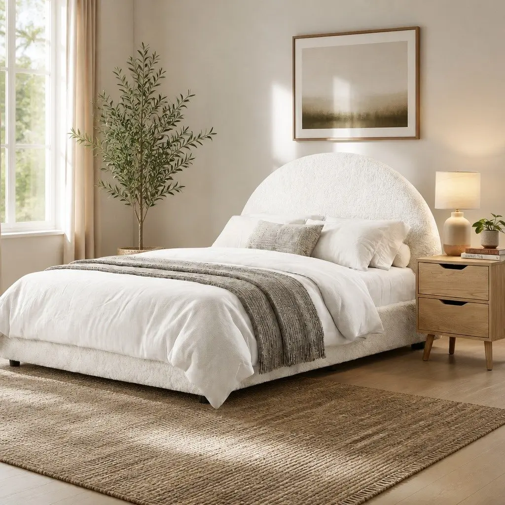 Queen Gas Lift Storage Bed Frame Beige with Matching Bedside Table Boucle Upholstered 216cm L x 160cm W x 99cm H Rounded Safety Edges