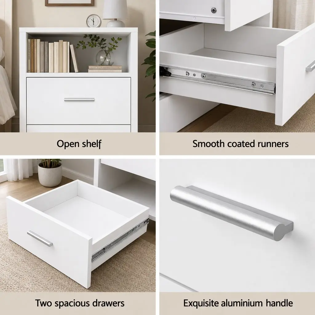 Queen Bed Frame with Gas Lift Storage Boucle Padded 2-Drawer Bedside Table