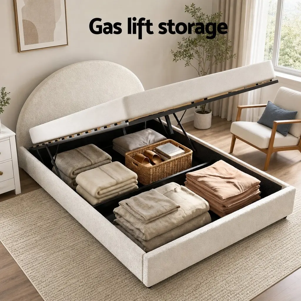Queen Bed Frame with Gas Lift Storage Boucle Padded 2-Drawer Bedside Table