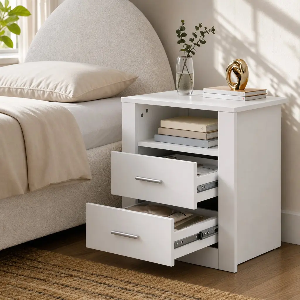 Queen Bed Frame with Gas Lift Storage Boucle Padded 2-Drawer Bedside Table