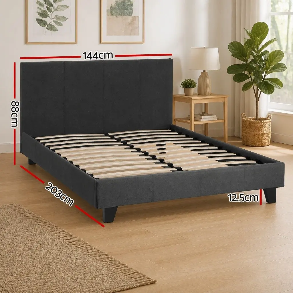 Double Bed Frame Charcoal Upholstered Platform with Hybrid Pocket Coil Mattress Medium-Firm Support