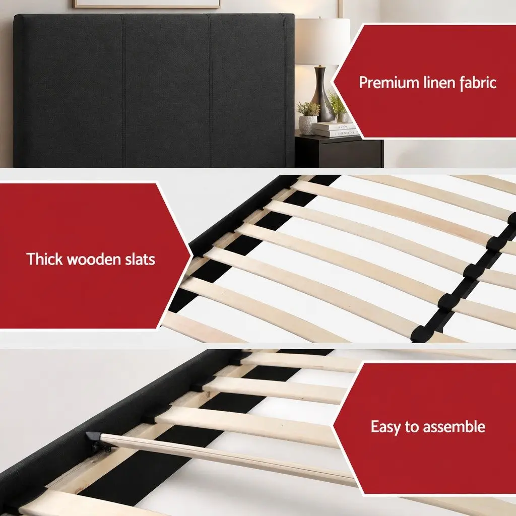 Double Bed Frame Charcoal Upholstered Platform with Hybrid Pocket Coil Mattress Medium-Firm Support