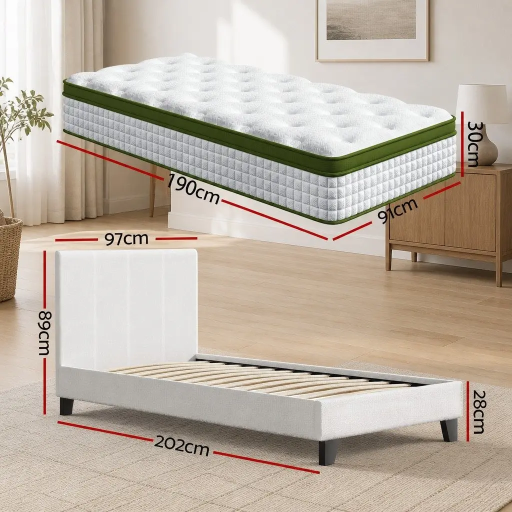 Single Bed Frame White Medium Firm Hybrid Mattress Pocket Coil