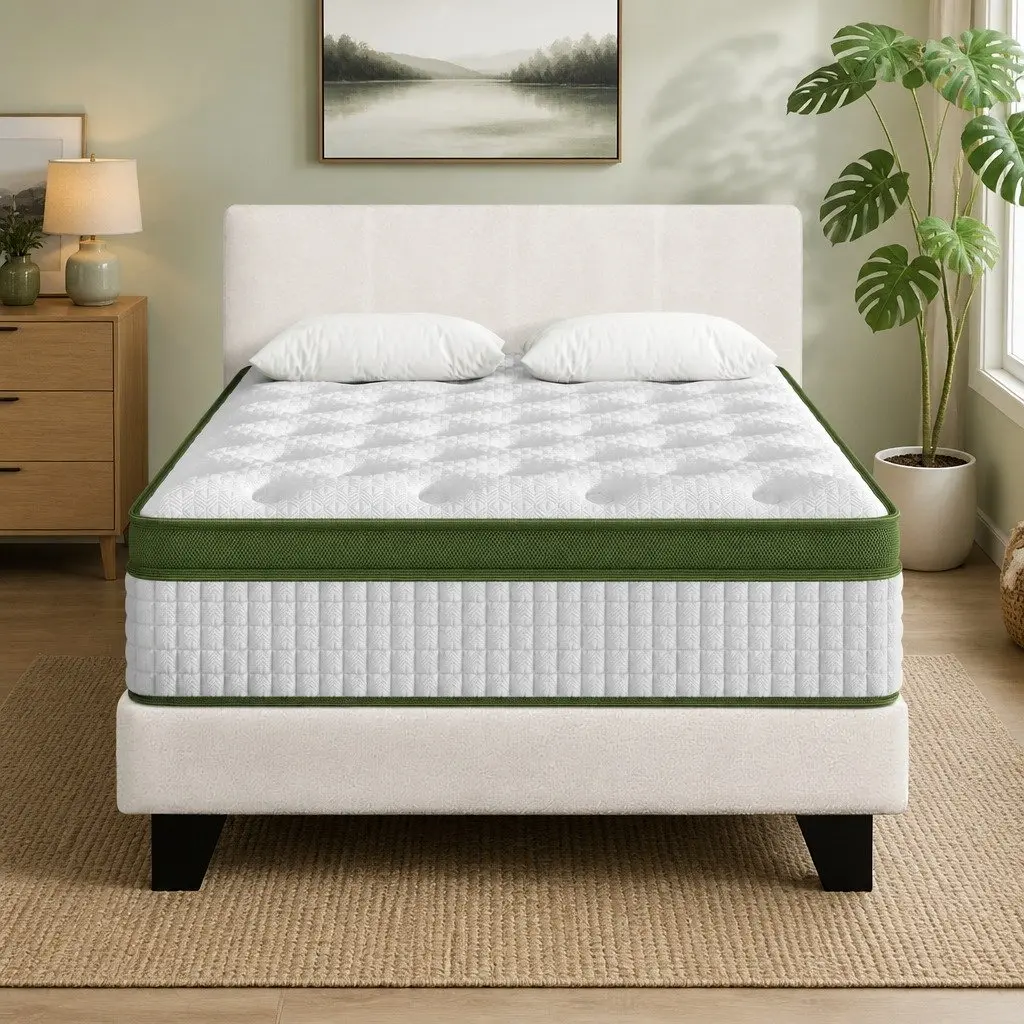 King Single Bed Frame White Boucle Upholstered Platform with Hybrid Mattress Medium Firm Support