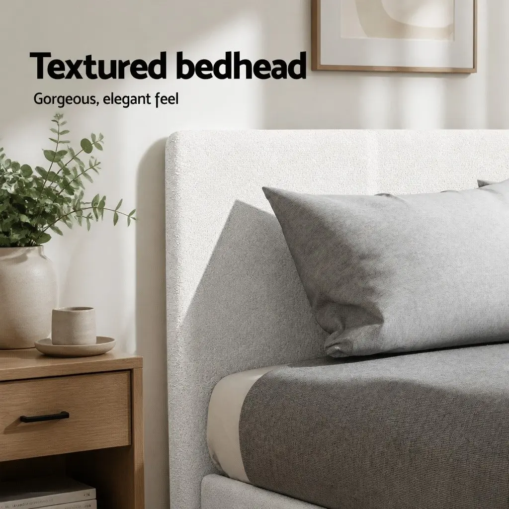 King Single Bed Frame White Boucle Upholstered Platform with Hybrid Mattress Medium Firm Support