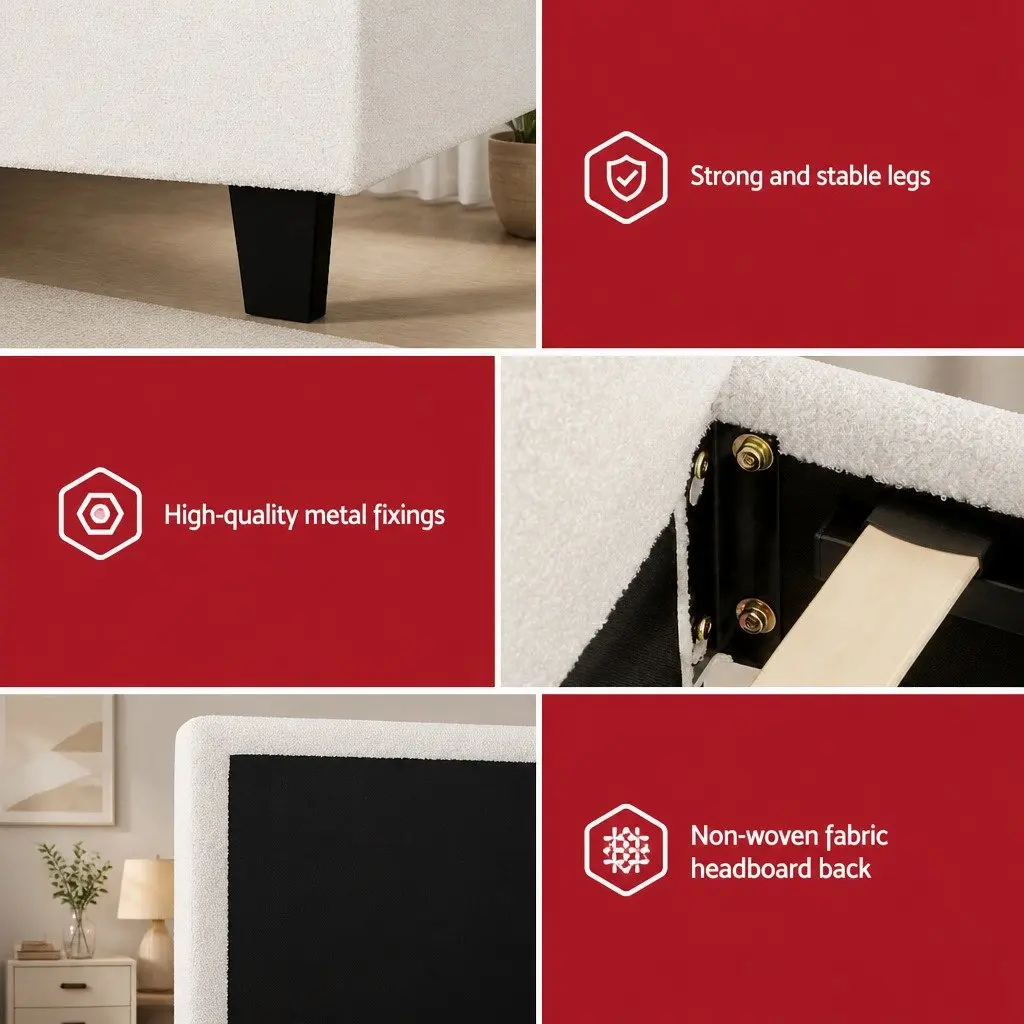 King Single Bed Frame White Boucle Upholstered Platform with Hybrid Mattress Medium Firm Support