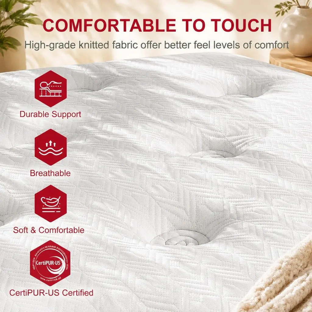 King Single Bed Frame White Boucle Upholstered Platform with Hybrid Mattress Medium Firm Support