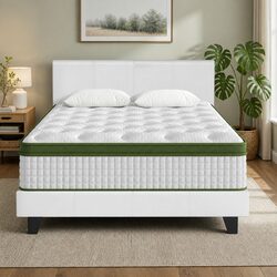 Double Bed Frame with Hybrid Mattress Bundle White Padded Headboard Pocket Coil