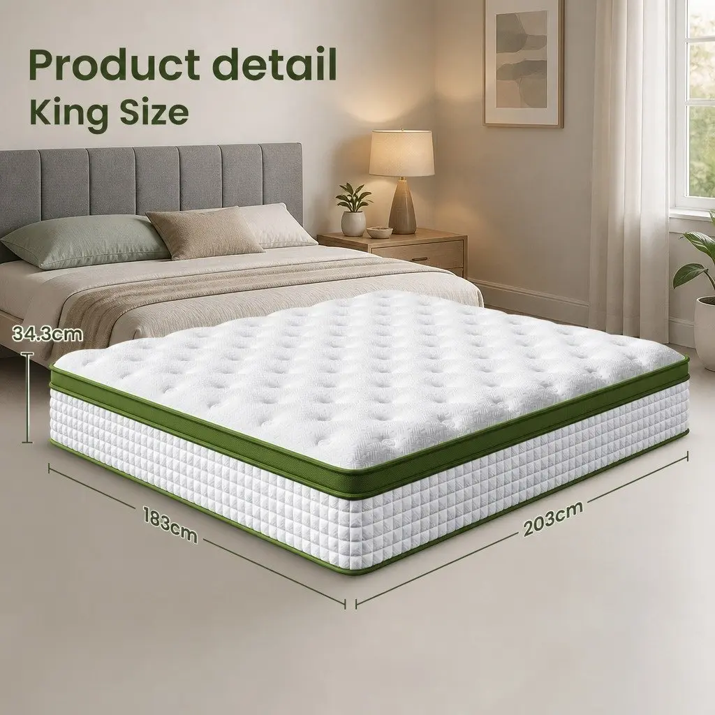 King Bed Frame Grey with Padded Headboard and Hybrid Mattress Medium Firm