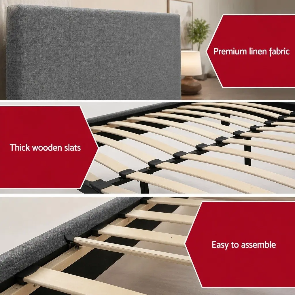 King Bed Frame Grey with Padded Headboard and Hybrid Mattress Medium Firm