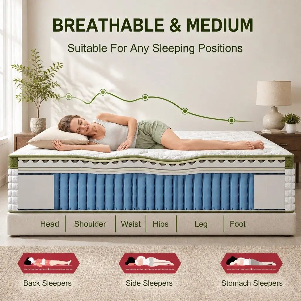 King Bed Frame Grey with Padded Headboard and Hybrid Mattress Medium Firm