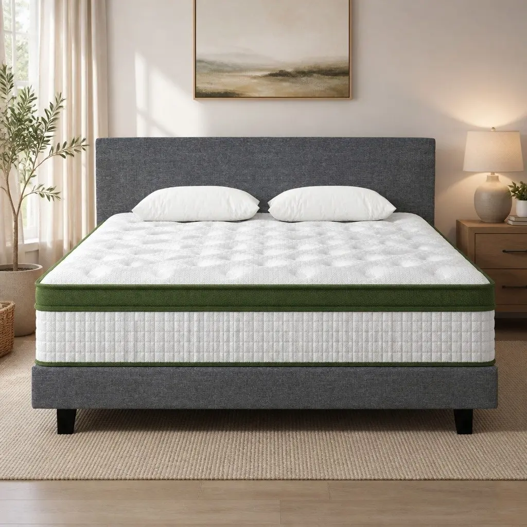 King Bed Frame Grey with Padded Headboard and Hybrid Mattress Medium Firm