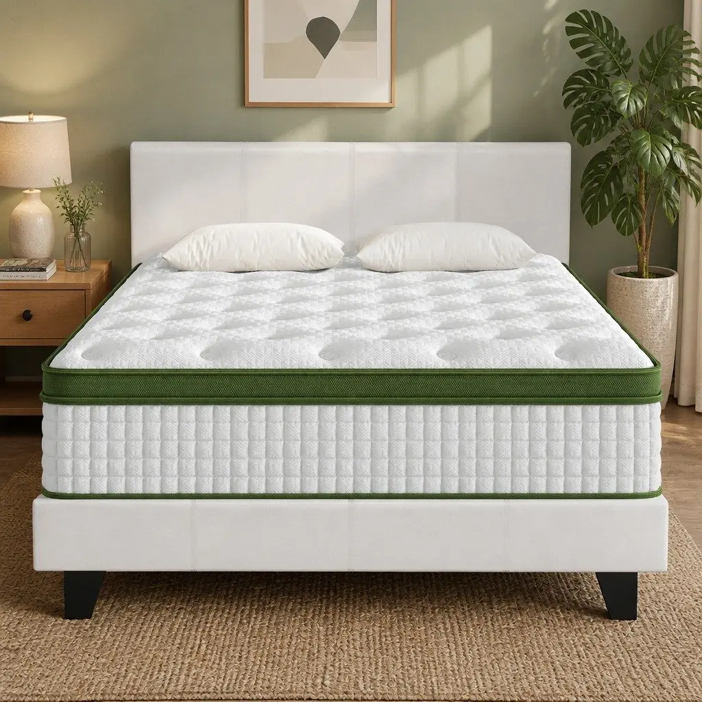Queen Bed Frame Set White Padded Headboard Hybrid Mattress Medium Firm