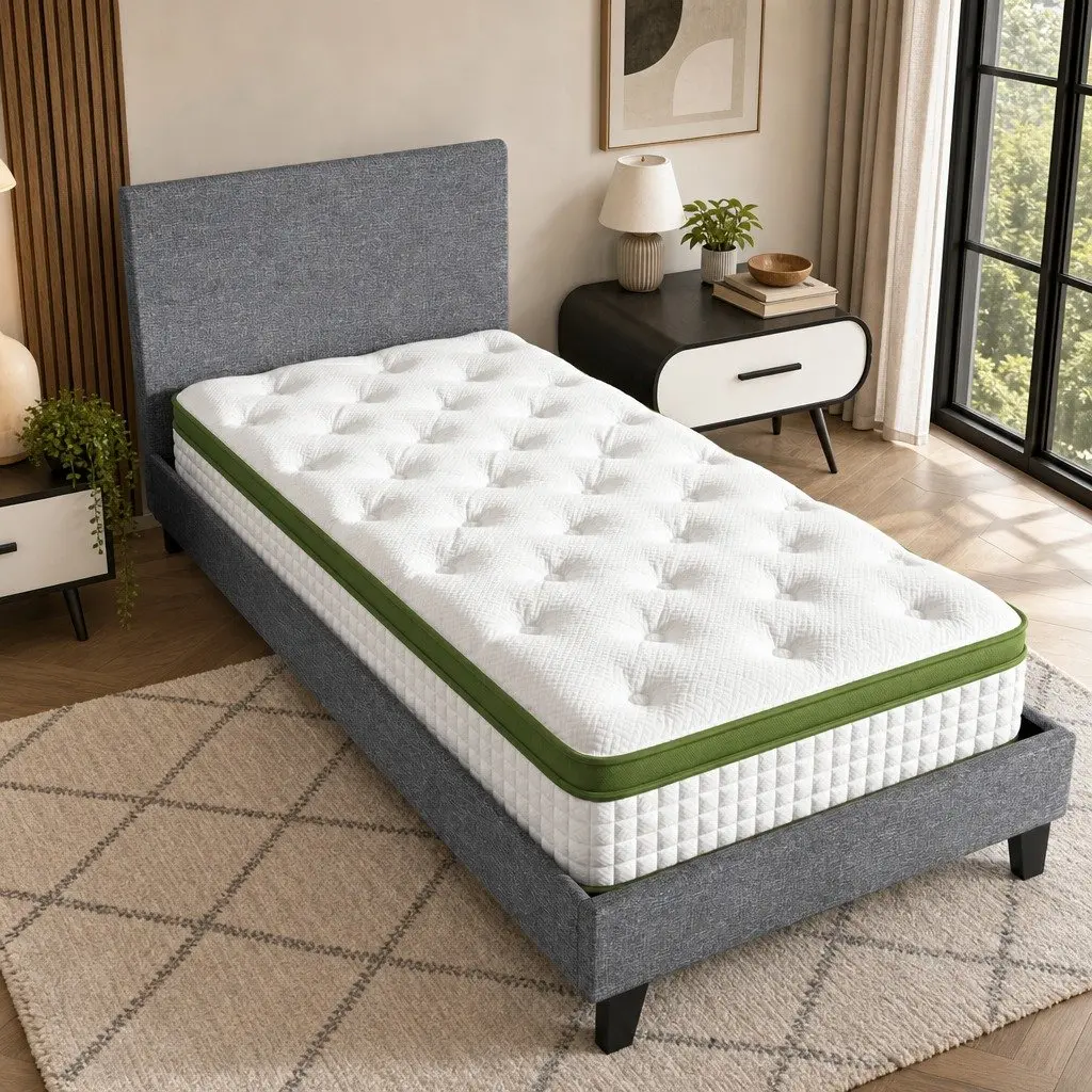 Single Bed Frame Grey 30cm Hybrid Mattress Upholstered Platform