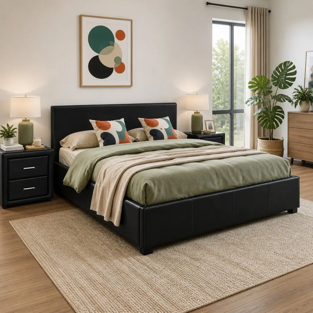 Queen Bed Frame Black with Gas Lift Storage and Matching Bedside Table Set