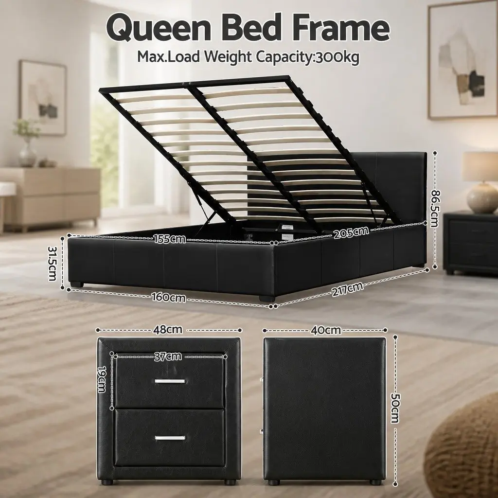 Queen Bed Frame Black with Gas Lift Storage and Matching Bedside Table Set