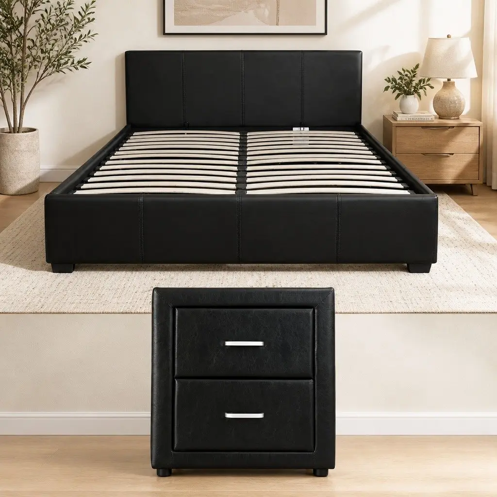 Queen Bed Frame Black with Gas Lift Storage and Matching Bedside Table Set