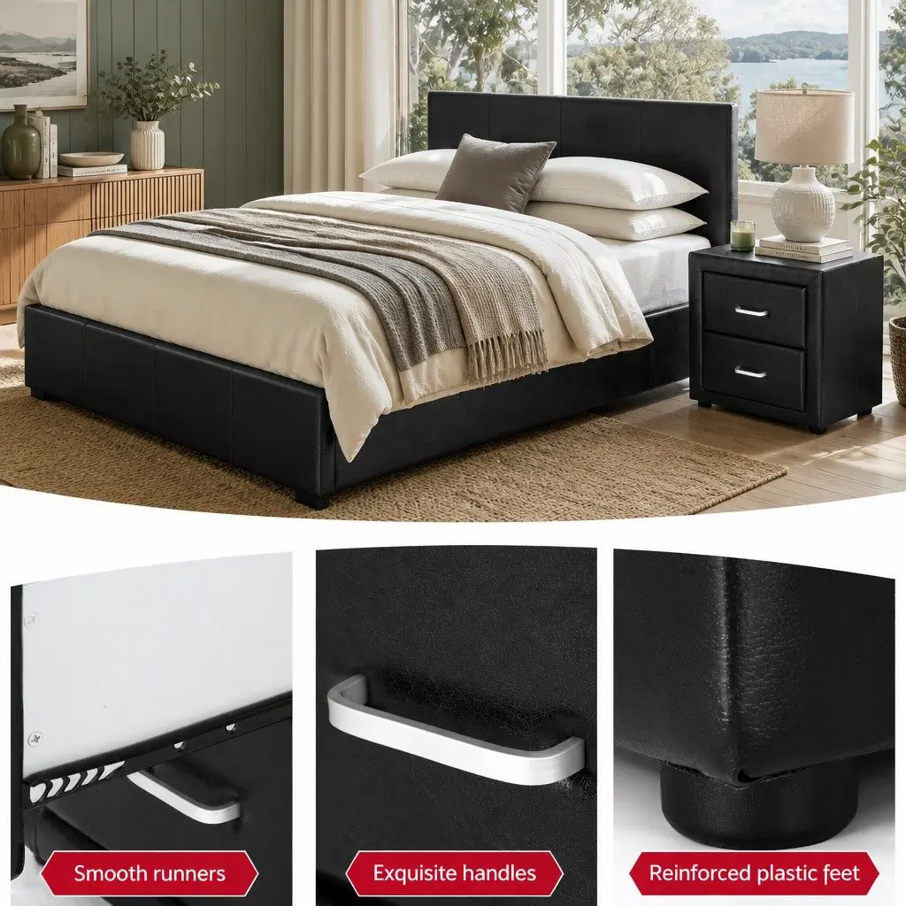 Queen Bed Frame Black with Gas Lift Storage and Matching Bedside Table Set