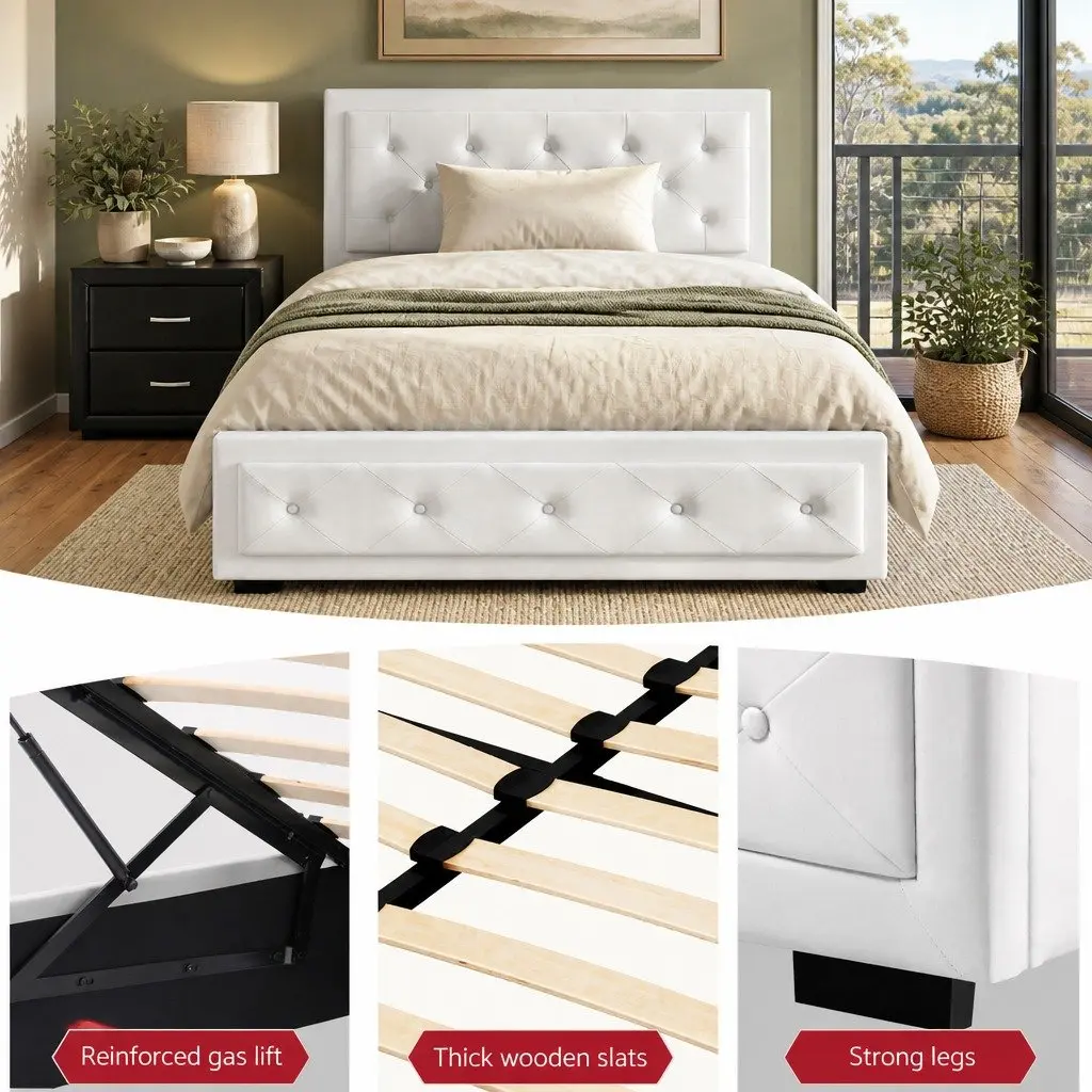 King Single Bed Frame White with Gas Lift Storage and Bedside Table Set Black