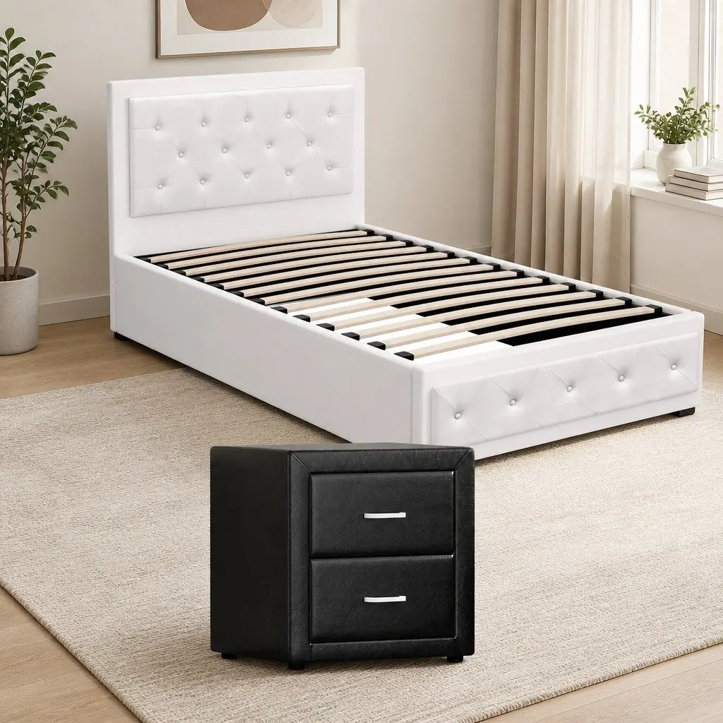 King Single Bed Frame White with Gas Lift Storage and Bedside Table Set Black