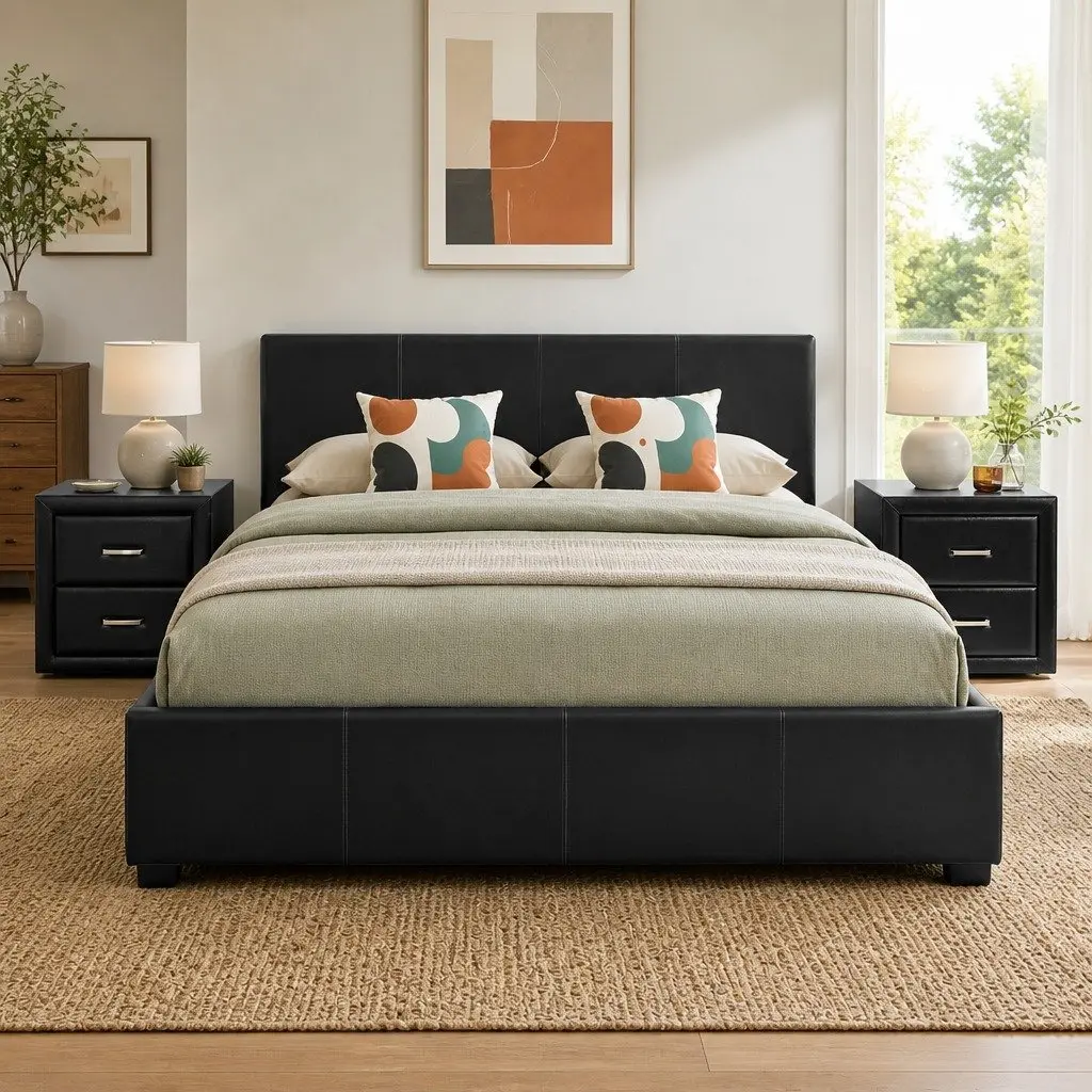 Queen Bed Frame Black Gas Lift Storage with 2 Bedside Tables