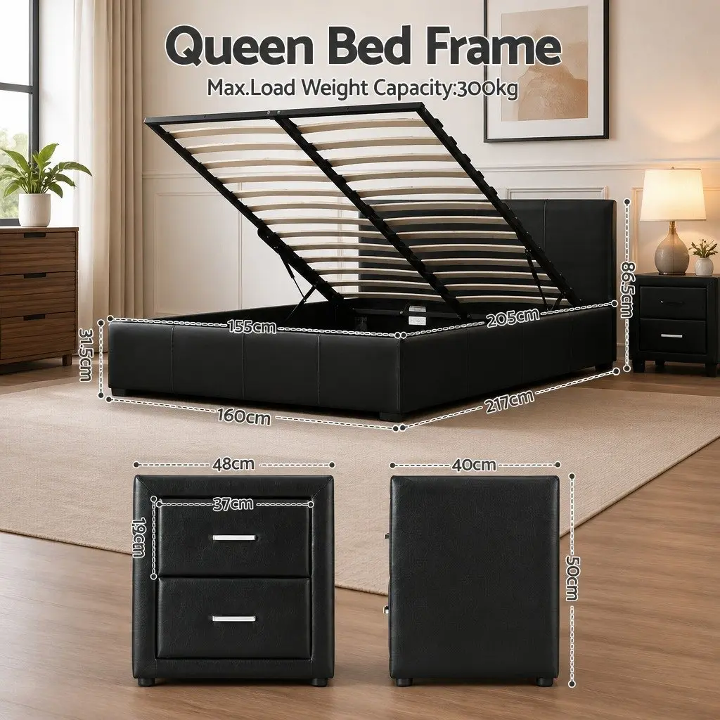 Queen Bed Frame Black Gas Lift Storage with 2 Bedside Tables
