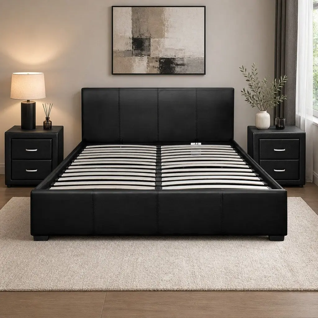 Queen Bed Frame Black Gas Lift Storage with 2 Bedside Tables