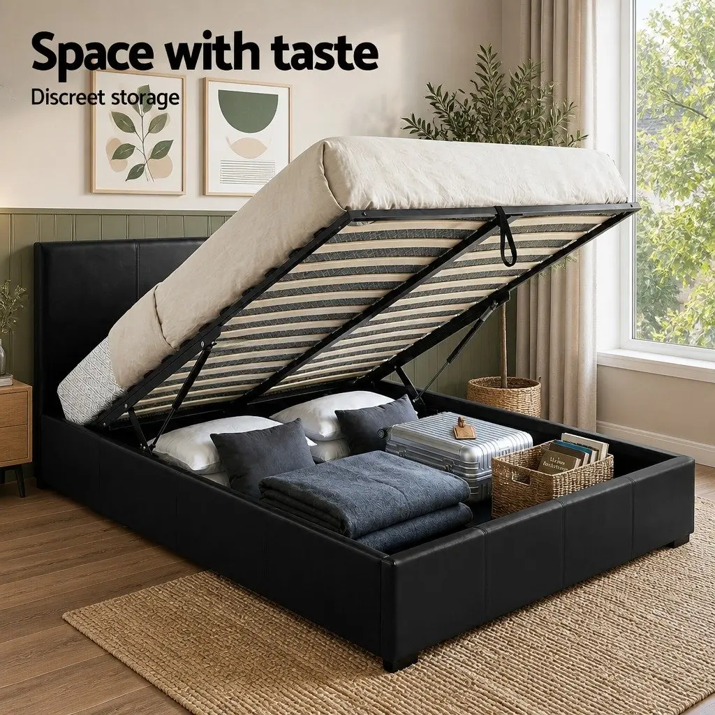 Queen Bed Frame Black Gas Lift Storage with 2 Bedside Tables