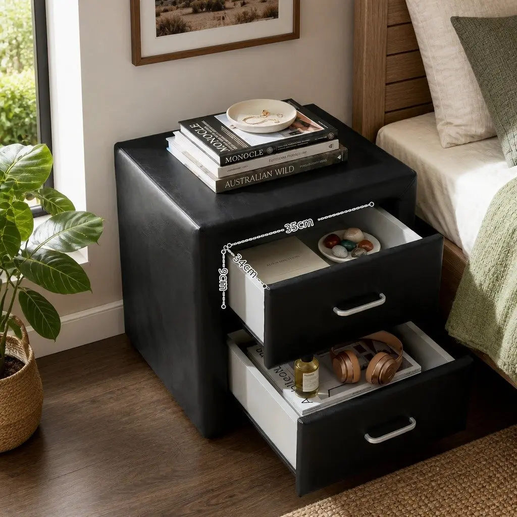 Queen Bed Frame Black Gas Lift Storage with 2 Bedside Tables
