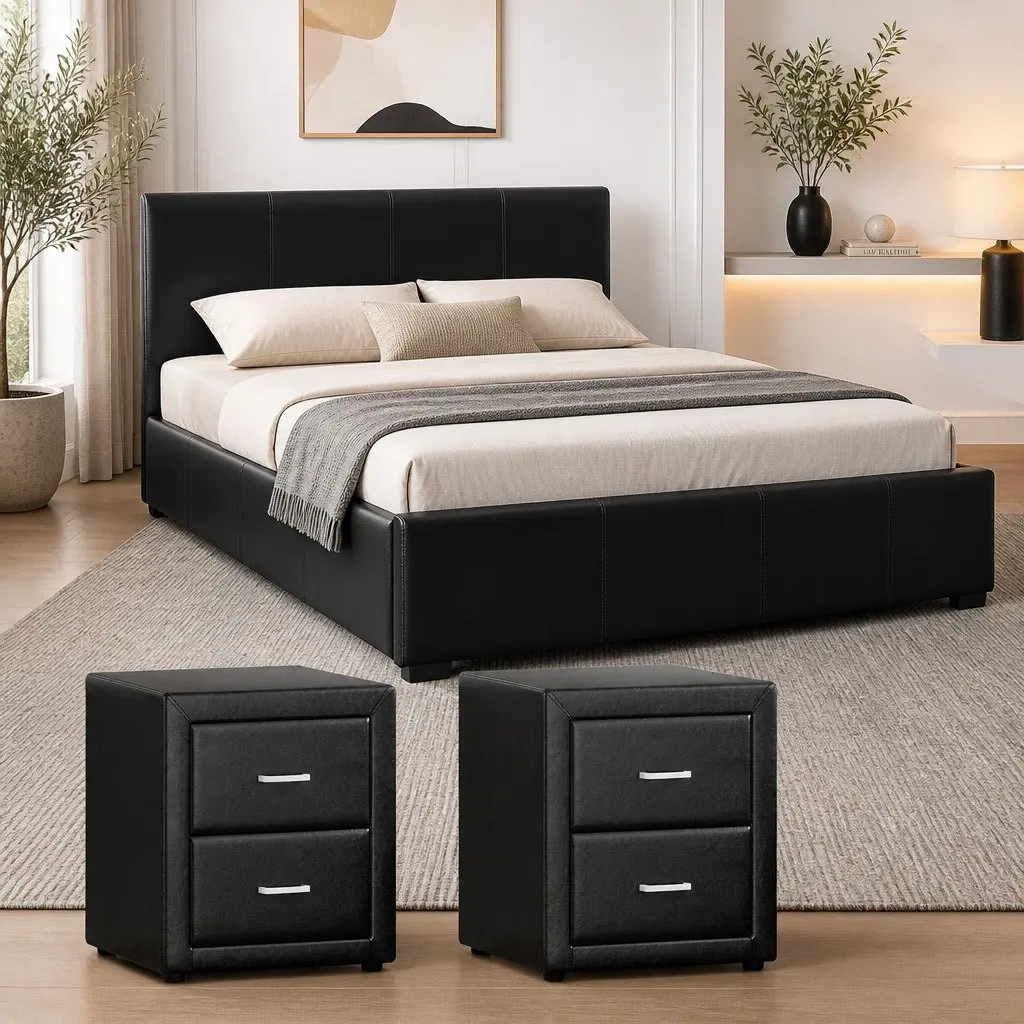 Queen Bed Frame Black Gas Lift Storage with 2 Bedside Tables