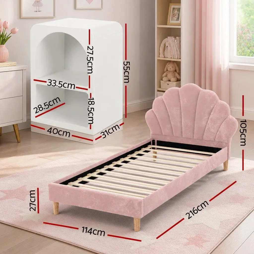 King Single Bed Frame Pink Velvet Scallop Headboard with Matching White Bedside Table Storage